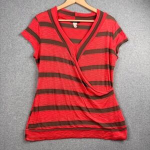 Vintage Deb Top Womens 1X Coral Pink Brown Y2K Striped V Neck Knit Faux Wrap